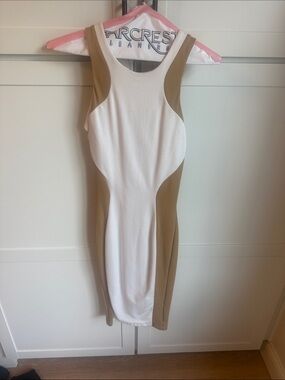 Torn by Ronny Kobo White and Tan Colorblock Midi Sheath Dress